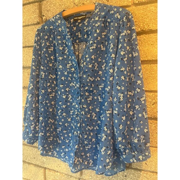 Karl Lagerfeld Paris Blue Floral Button-Down Blouse Lightweight 3/4 Sleeves Wome - Picture 2 of 9